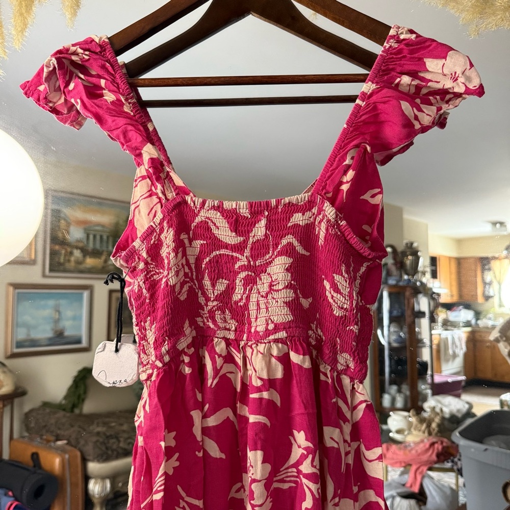 Japna NWT Pink and Cream Botanical Spaghetti Strap Smock Waist Midi Dress - Picture 7 of 8